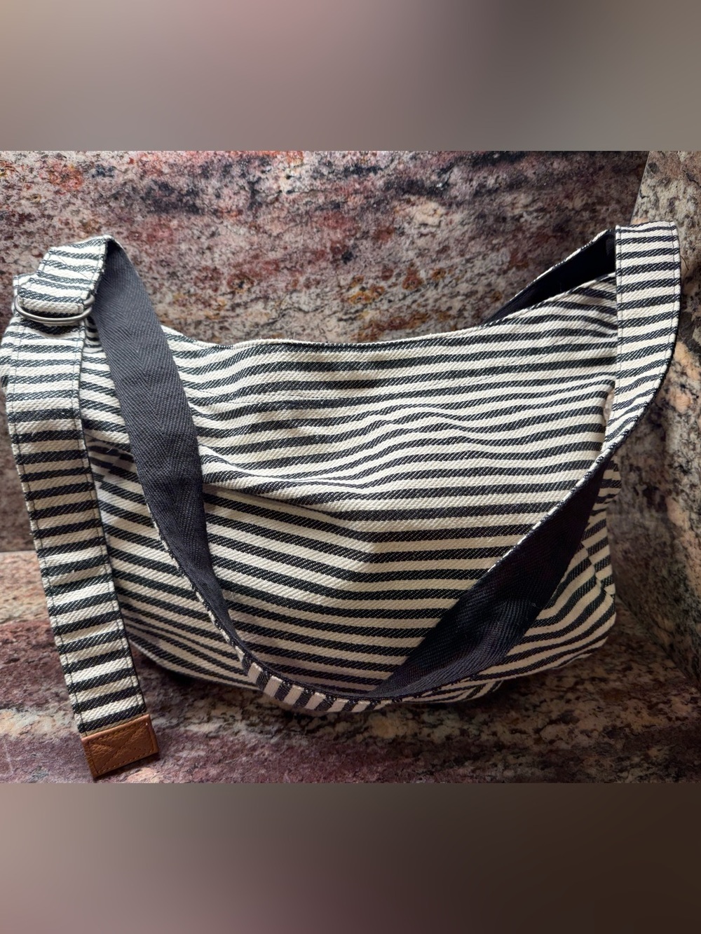 Striped Black and Cream Canvas Tote Bag - Unbranded